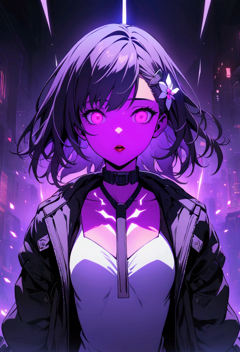 masterpiece, best quality, (Highly detailed CG Unity 8k wallpaper) (best quality), (Best Illustration), (Best shadow), beautiful girl, Look away, Small Breasts, Wearing a rugged jacket, Robotic Arm, Hair accessories,(Glowing skin),Red lips, Open your mouth, Cyberpunk Background, Extremely exquisite and beautiful, (Floating purple hair), Delicate face, Neck strap, (Mysterious atmosphere), flash:0.8,Light rising from the bottom,  A bunch of glowing white particles floating, Many small fires floating,