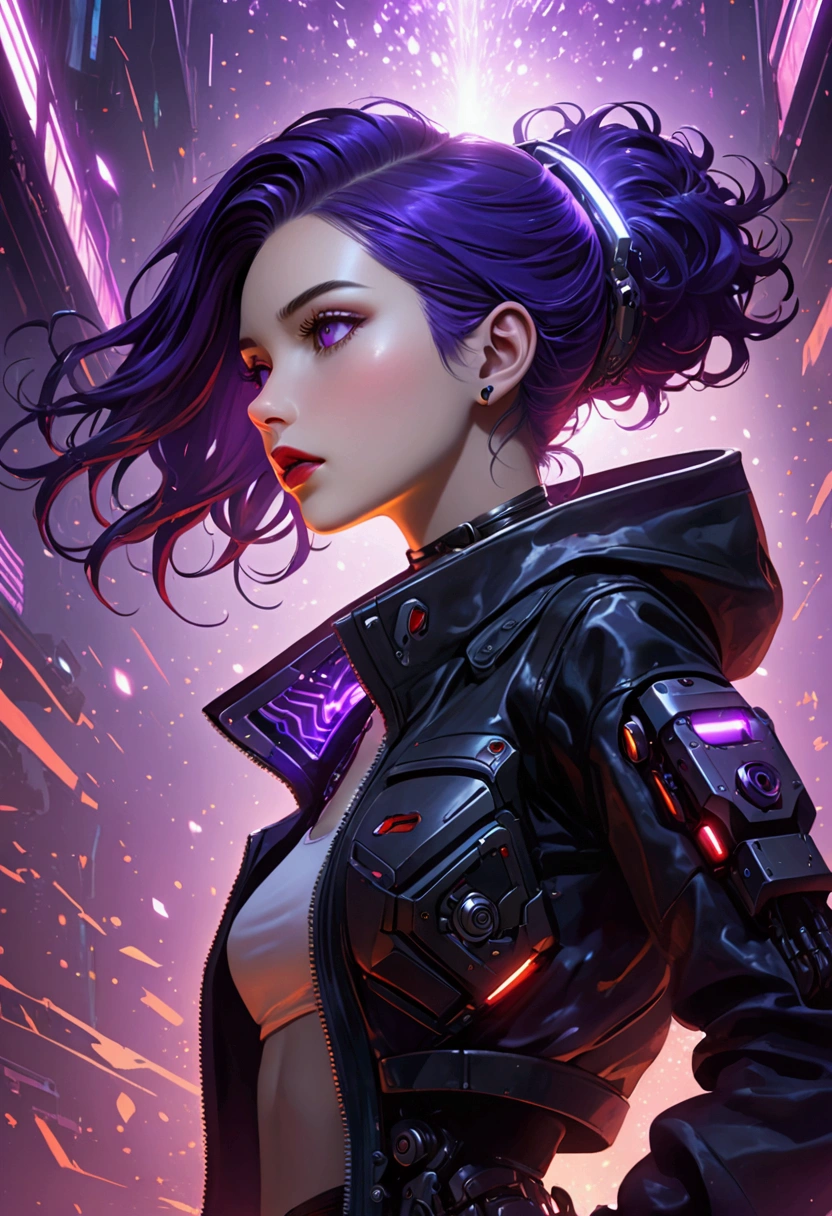 a close-up of a woman with purple eyes and a black jacket, Cyberpunk art inspired by Ross Tran, Artstation Contest Winner, fantasy art, artgerm julie bell beeple, Alena Aenami and Artgerm, Artgerm Portrait, artgerm detailed, Beeple und Jeremiah Ketner, futuristic art style