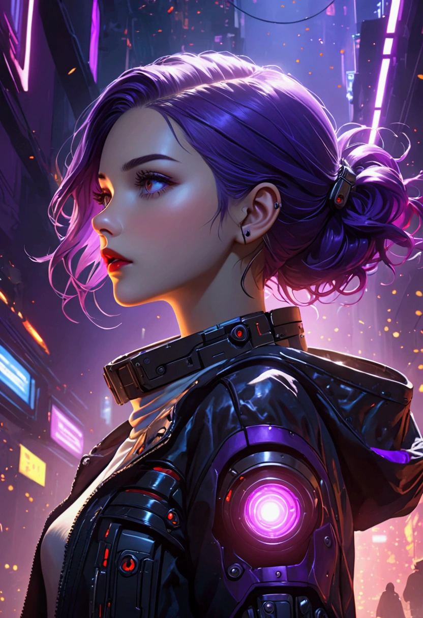 masterpiece, best quality, (Highly detailed CG Unity 8k wallpaper) (best quality), (Best Illustration), (Best shadow), beautiful girl, Look away, Small Breasts, Wearing a rugged jacket, Robotic Arm, Hair accessories,(Glowing skin),Red lips, Open your mouth, Cyberpunk Background, Extremely exquisite and beautiful, (Floating purple hair), Delicate face, Neck strap, (Mysterious atmosphere), flash:0.8,Light rising from the bottom, A bunch of glowing white particles floating, Many small fires floating,