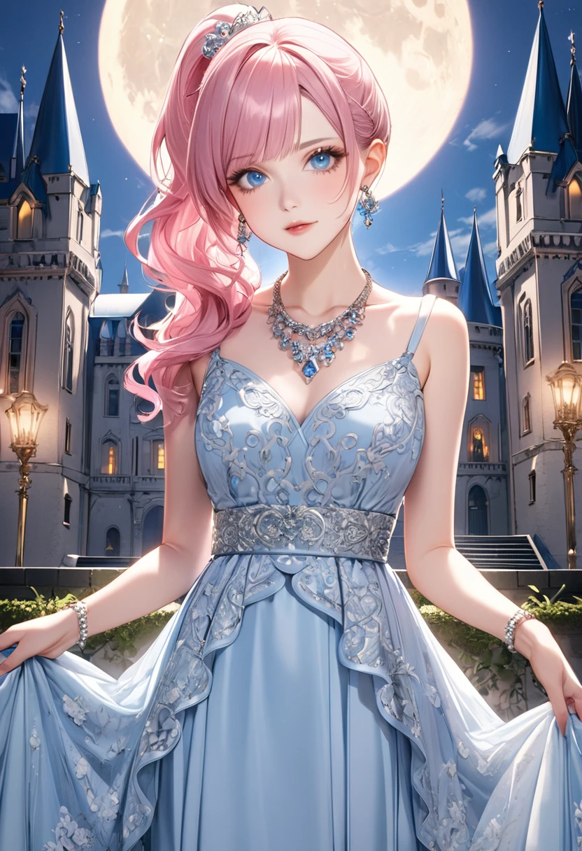 1 female Pink ponytail Pink eyebrows Dull light blue eyes Socialite debut Light blue long dress with silver embroidery Inside the castle full moon hair ornaments Gorgeous necklace with matching earrings Silver waist