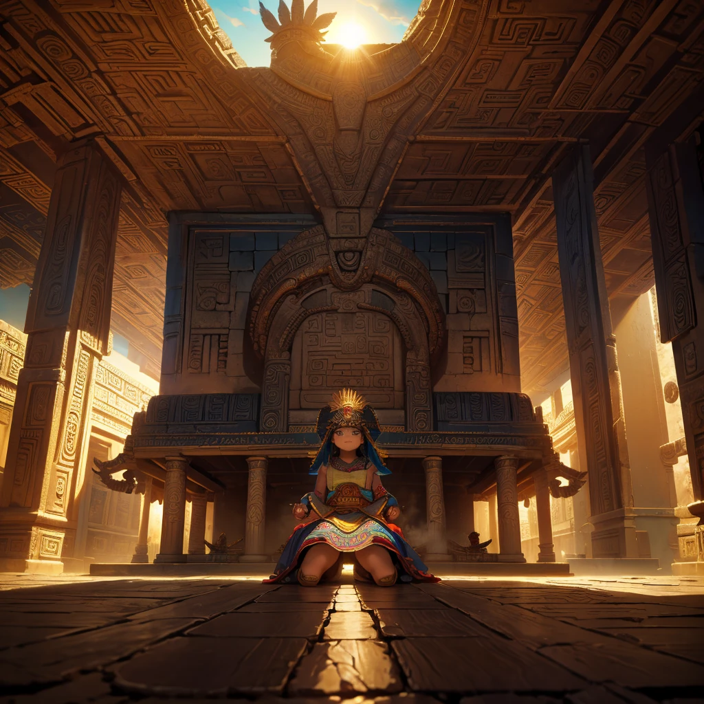 Childish, high quality、Very detailed、8Year、Mayan Aztec young priestess、Flying Feathered Serpent(Quetzalcoatl Kukulkan)look up at the sky and pray、Chichen Itza Forest Temple of the Sun、mysterious、