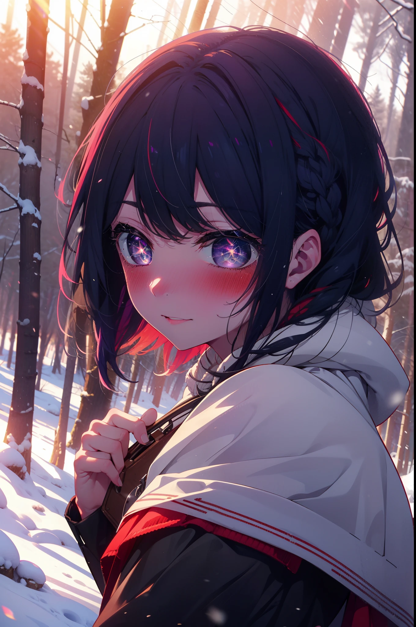 aihoshino, Ai Hoshino, Long Hair, bangs, (Purple eyes:1.1), Purple Hair, (Symbol-shaped pupil:1.5), smile,,smile,blush,white breath,
Open your mouth,snow,Ground bonfire, Outdoor, boots, snowing, From the side, wood, suitcase, Cape, Blurred, , forest, White handbag, nature,  Squat, Mouth closed, Cape, winter, Written boundary depth, Black shoes, red Cape break looking at viewer, Upper Body, whole body, break Outdoor, forest, nature, break (masterpiece:1.2), Highest quality, High resolution, unity 8k wallpaper, (shape:0.8), (Beautiful and beautiful eyes:1.6), Highly detailed face, Perfect lighting, Extremely detailed CG, (Perfect hands, Perfect Anatomy),