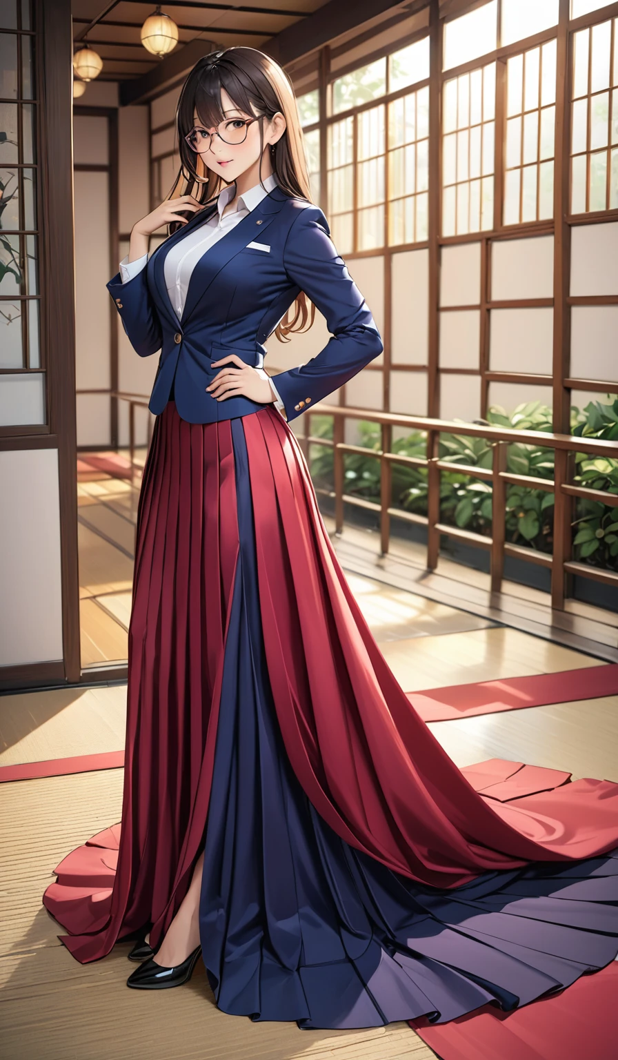 (masterpiece,highest quality,超A high resolution),japanaese girl with long hair (((Very beautiful 35 year old girl))), pretty woman, a woman in the flor length pleated skirt,the skirt is very long, full body, wear sexy blazer, wear sexy blouse, wear glasses,long satin, flowy dramatic long skirt,body height 165, random pose, wear high heels, masterpice (Shiny long train pleated skirt )