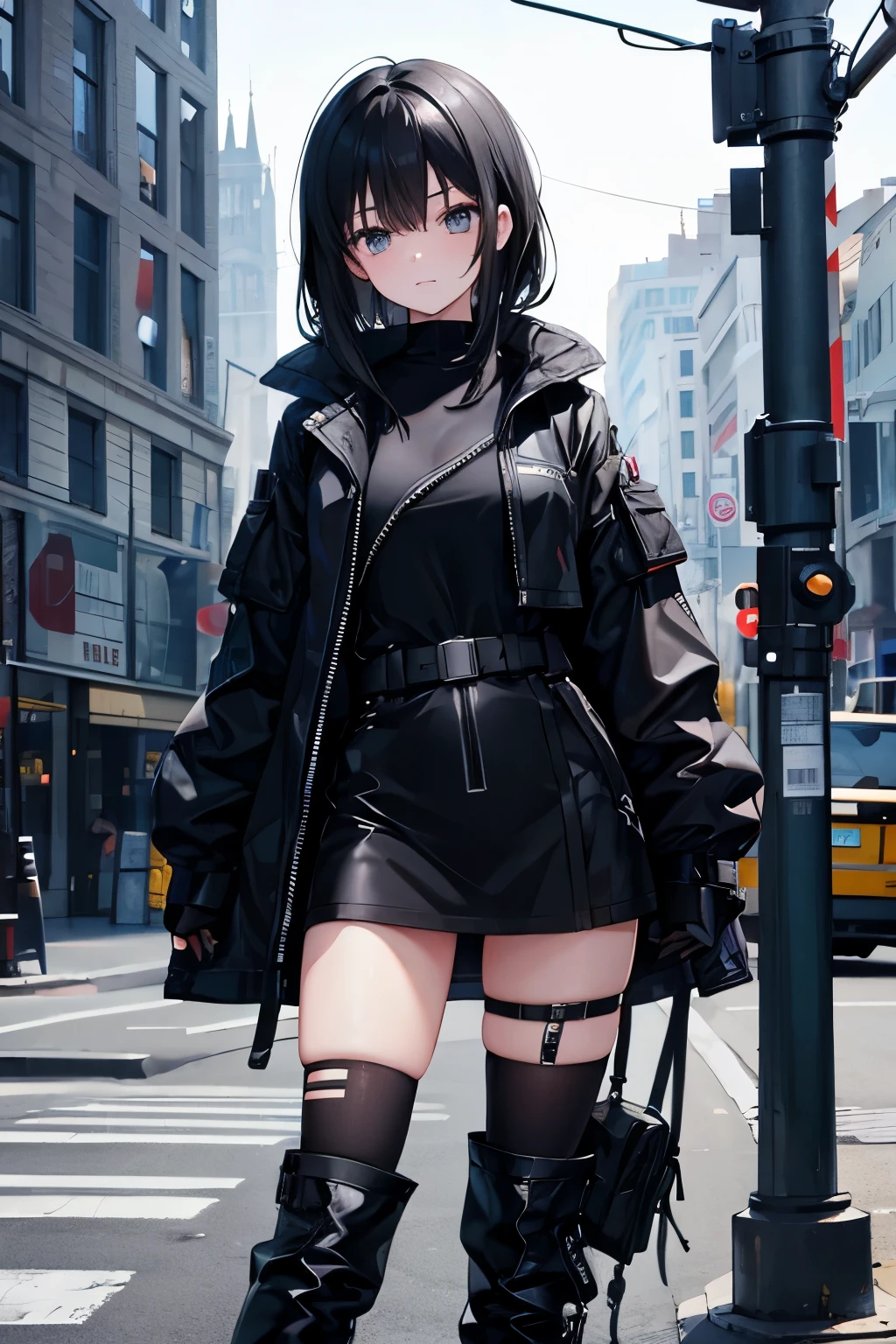 masterpiece, Highest quality, expensive, Clear 2, One girl, Sister Claire, only, Long Hair, Open clothes, Black Skirt, Black Stockings, Long sleeve, Chest Harness, Open jacket, Black Shirt, Both sides up, black overcoat jacket, fringe, Crop top, mini skirt, shoes, Have, O-ring, abdomen, Black and white hair, Different colored eyes, Off the shoulder, Big Breasts, Thigh straps, Pleated skirt, Suspenders o eyes, Perfect Eyes, Cropped shirt, street, Are standing