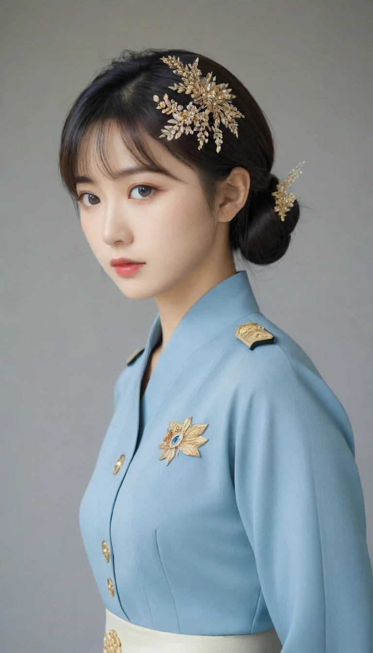 8k, Ultra-high resolution, Highest quality, masterpiece, 三分割法によるphotograph,Surreal, photograph, 1 Girl, (:1.3), pretty girl, Cute Face, Beautiful eyes in every detail, 細かくdetailedに,masterpiece,One Girl:1.2,Japanese female officer,Superior non-commissioned officer,full body,Serious expression,Black short hair,Bob with bangs, (The finest ceremonial attire:1.3),Pencil Skirt,Military clothing,Sharp contours,Looking down,Gray background, Light from above, Low contrast, (Side view),Perfect and beautiful face ,完璧でCute Face, Skin with attention to detail, Perfect limbs、Narrow waist,Looking at the audience,(((Ideal body type))),A cup small breasts :2,Portraiture:2,Perfect Anatomy,鮮明なdetailed,detailed,Surreal,Light and shadow,glowing