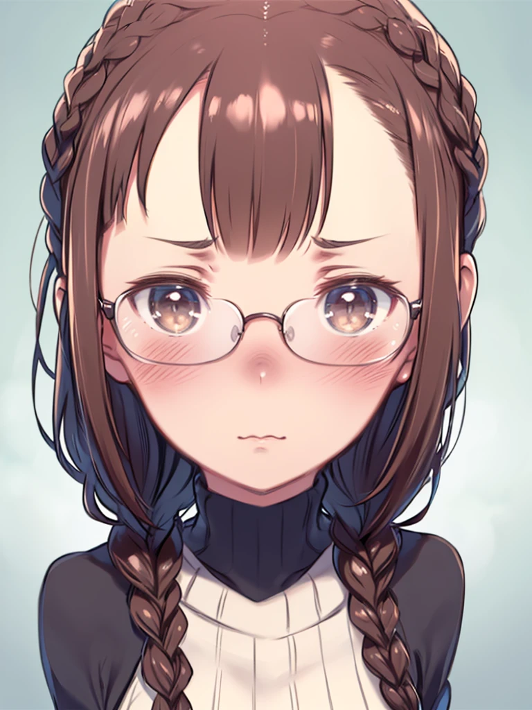 1 Female,Brown Hair, ,((Annoyed expression)),Beautiful breasts,Sweater knit,Stylish,,(Look forward)(((Blushing、Surprised expression)),(((Braid))),((( Upper body portrait)))Frameless Glasses