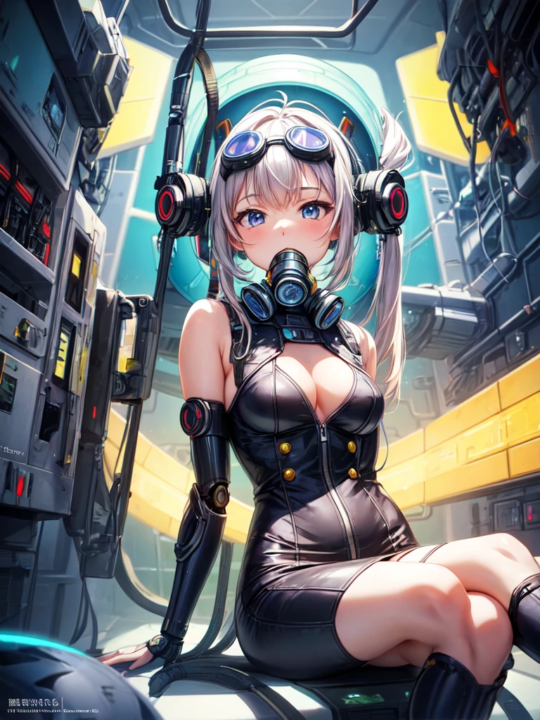 Female anime style Dorbach， Completely naked, Cyber Goggles,gas mask,Mecha Mini Dress 2D, Sitting, Inside the spaceship(Highest quality)), ((masterpiece)), (detailed) ((Centered Images))