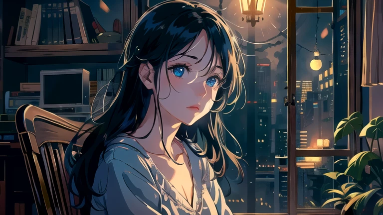 Create an illustration of a girl with black hair and blue eyes, sitting in a chair in front of a desk, Sentimental, Introspective look。, The moonlight gently shines into the room, Gently illuminate the space, Curtains sway in the wind, Increase tranquility, Dark mood, Emphasise the theme of loneliness, silence, And the depths of night, The room is dark、dimly lit by the moonlight
