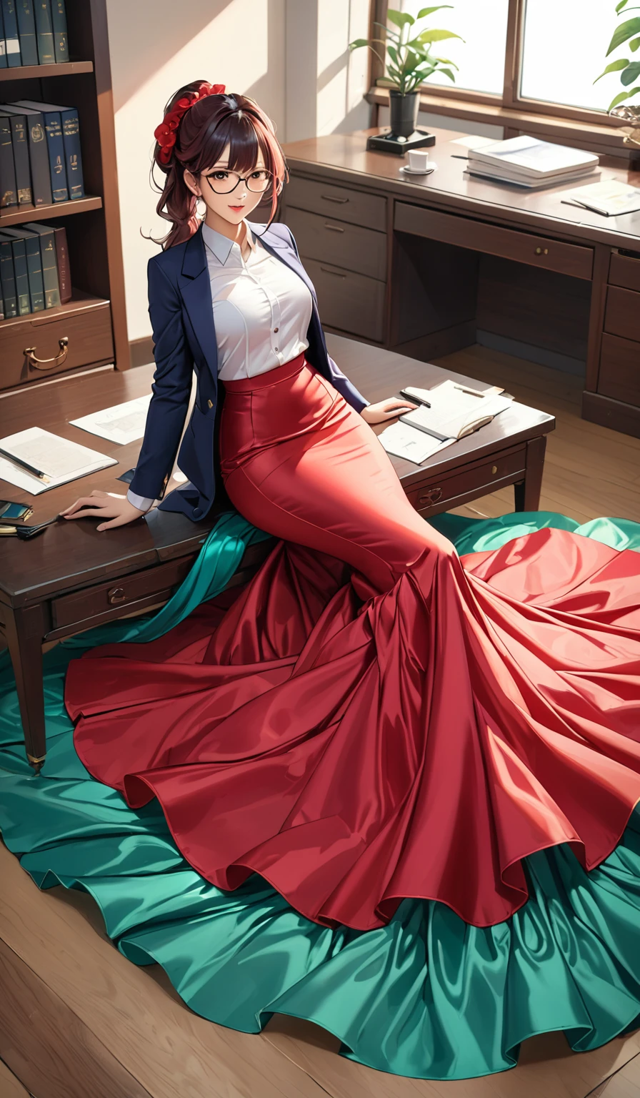 (masterpiece,highest quality,超A high resolution),2 japanaese girl with pony tail hair (((Very beautiful 35 year old girl))), pretty woman, a woman in the mermaid long train silk red skirt,the skirt is very long, full body, wear blazer, wear sexy blouse, wear glasses,long satin, flowy dramatic long skirt, talwomen, make coversasion with her bos, work in office, wear high heels,  masterpice  (Shiny red long train dress mermaid-style long skirt )