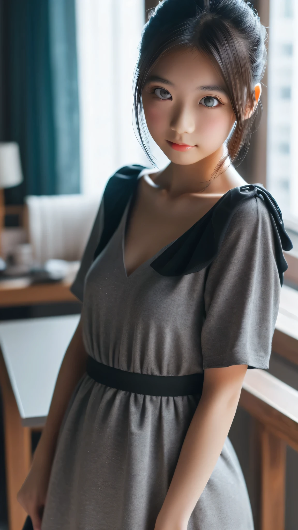 highest quality, Tabletop, High resolution, (((1 girl))), ,(((beautiful grey eyes)))、Low Pony、((Black Block Dress)), Tyndall effect, Realistic, Shadow Studio,Ultramarine Lighting, Dual Tone Lighting, (Skin with attention to detail: 1.2)、Pale colored lighting、Dim lighting、 Digital single-lens reflex camera, , High resolution, 4K, 8k, Background Blur,Beautiful fade out