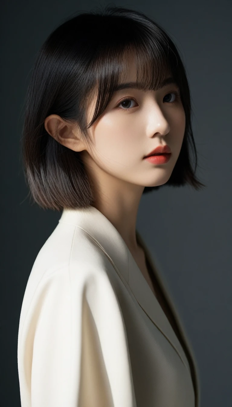 8k, Ultra-high resolution, Highest quality, masterpiece, 三分割法によるphotograph,Surreal, photograph, 1 Girl, (16 years old:1.3), pretty girl, Cute Face, Beautiful eyes in every detail, 細かくdetailedに,masterpiece,One Girl:1.2,Japanese female officer,Superior non-commissioned officer,full body,Serious expression,Black short hair,Bob with bangs, (The finest ceremonial attire:1.3),Pencil Skirt,Military clothing,Sharp contours,Looking down,Gray background, Light from above, Low contrast, (Side view),Perfect and beautiful face ,完璧でCute Face, Skin with attention to detail, Perfect limbs、Narrow waist,Looking at the audience,(((Ideal body type))),A cup small breasts :2,Portraiture:2,Perfect Anatomy,鮮明なdetailed,detailed,Surreal,Light and shadow,glowing