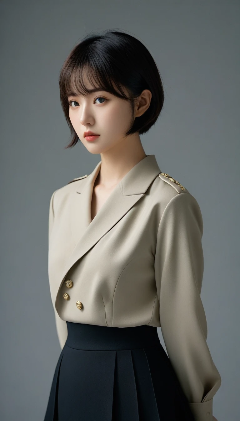 8k, Ultra-high resolution, Highest quality, masterpiece, 三分割法によるphotograph,Surreal, photograph, 1 Girl, (:1.3), pretty girl, Cute Face, Beautiful eyes in every detail, 細かくdetailedに,masterpiece,One Girl:1.2,Japanese female officer,Superior non-commissioned officer,full body,Serious expression,Black short hair,Bob with bangs, (The finest ceremonial attire:1.3),Pencil Skirt,Military clothing,Sharp contours,Looking down,Gray background, Light from above, Low contrast, (Side view),Perfect and beautiful face ,完璧でCute Face, Skin with attention to detail, Perfect limbs、Narrow waist,Looking at the audience,(((Ideal body type))),A cup small breasts :2,Portraiture:2,Perfect Anatomy,鮮明なdetailed,detailed,Surreal,Light and shadow,glowing