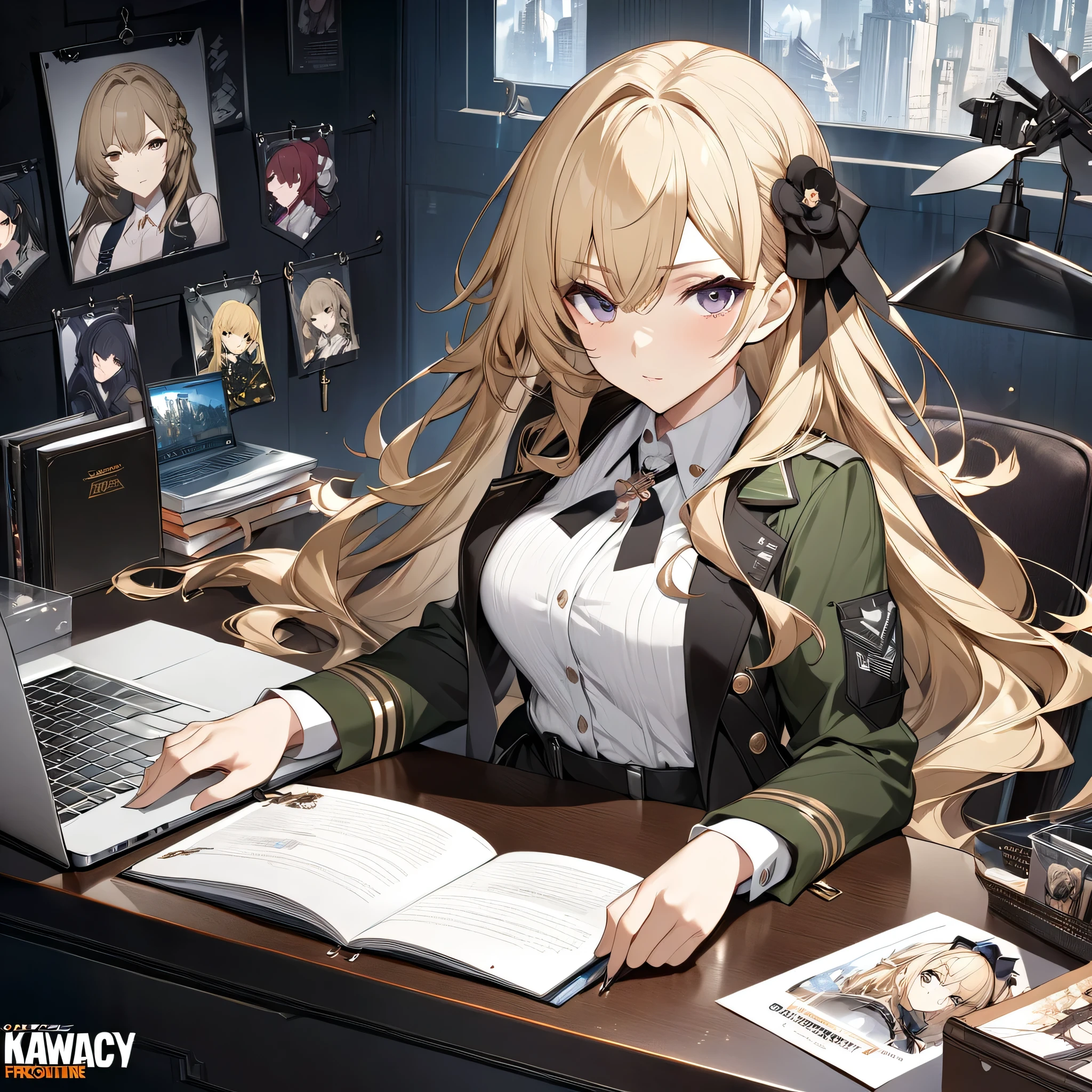 anime - style image of a woman sitting at a desk with a laptop, official art, on a desk, official character art, blonde anime girl with long hair, cushart krenz key art feminine, high detailed official artwork, sat at her desk, from girls frontline, official character illustration, seductive anime girl, kawacy