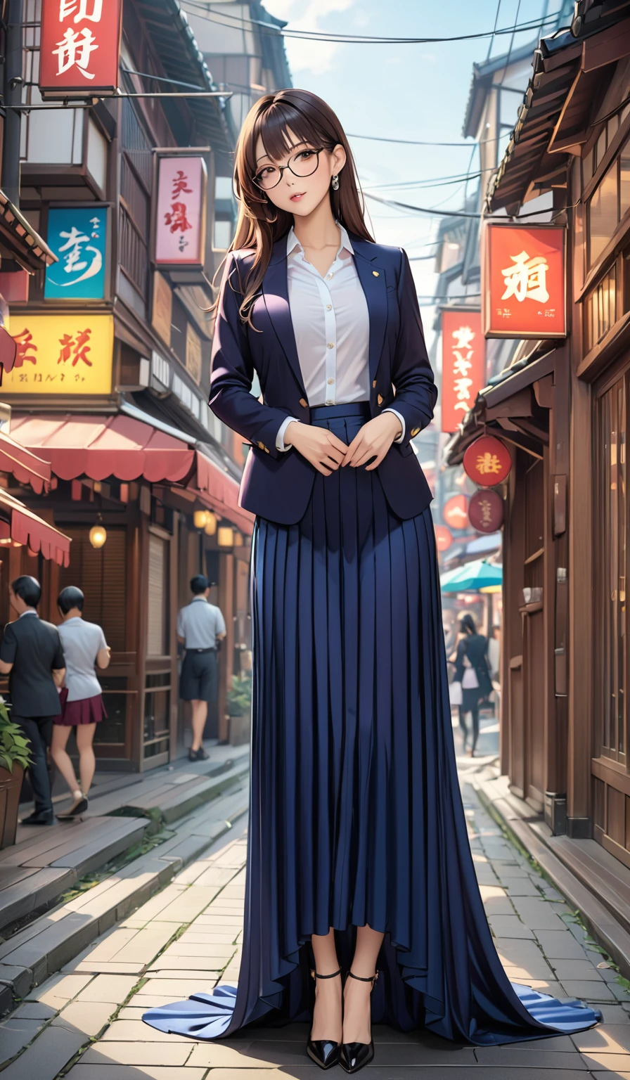 (masterpiece,highest quality,超A high resolution),japanaese girl with long hair (((Very beautiful 35 year old girl))), pretty woman, a woman in the pleated skirt,the skirt is very long, full body, wear sexy blazer, wear sexy blouse, wear glasses,long satin, flowy dramatic long skirt,body height 165, random pose, wear high heels, masterpice (Shiny long train pleated skirt )