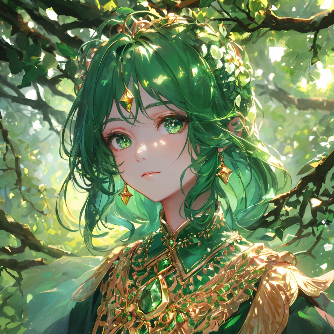 1 girl masterpiece, highest quality, shape, emerald eyes and hair, emerald earrings, emerald necklace, large tree, tree fairy, cute, (dynamic lighting:1.2), cinematic lighting, delicate features, fine eyes, sharp pupils, realistic student, written boundary depth, Bokeh, sharp focus, (very detailed, bloom, shine:1.4), lots of little gems