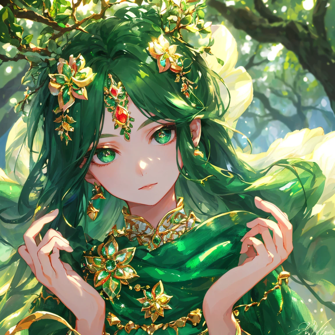 1 girl masterpiece, highest quality, shape, emerald eyes and hair, emerald earrings, emerald necklace, large tree, tree fairy, cute, (dynamic lighting:1.2), cinematic lighting, delicate features, fine eyes, sharp pupils, realistic student, written boundary depth, Bokeh, sharp focus, (very detailed, bloom, shine:1.4), lots of little gems