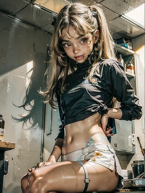 ((ganguro)), (masterpiece: 1.2, Highest quality), (Dark Skin)、Angle from below、Look at me with a happy smile、blonde、expensive 、Ultra mini skirt、White panties、I'll reach out here