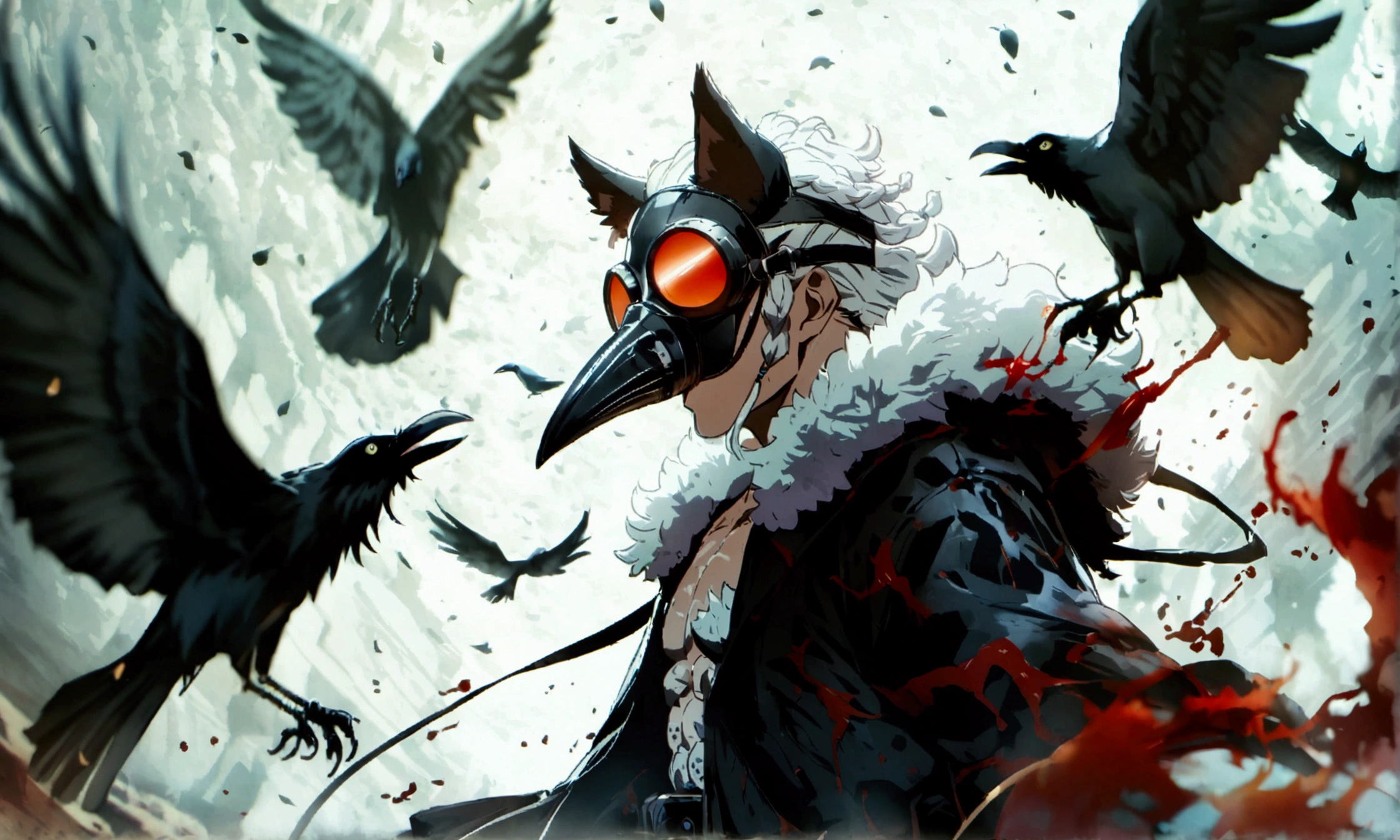 Man, muscular, white braids in his hair, scary look, wide white pants, wearing wolf skin, gas mask, black smoke on his body, crows around, blood all over his body, "Anime character design inspired by One Piece, full of dramatic and impressive lighting, focus on the centralized character, impressive face, full of creative details, ultra-fine 4K design, scenery bathed in creativity, boasting 2D anime resolution clarity, HD anime graphics, high-octane rendering"