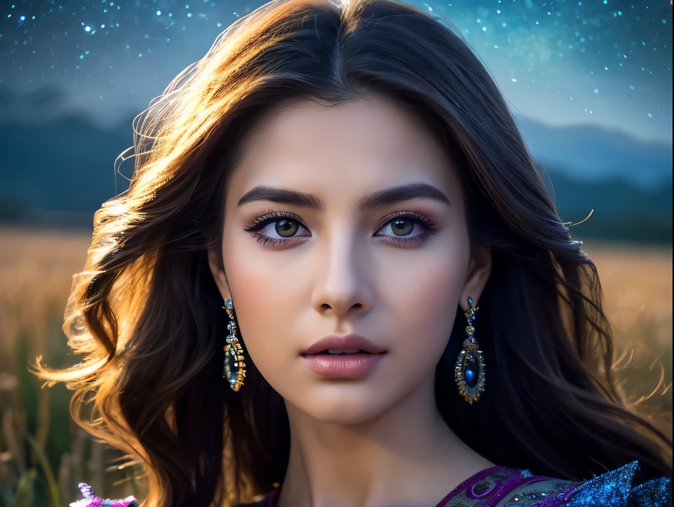 1 girl, beautiful detailed eyes, beautiful detailed lips, extremely detailed face and portrait, long elegant dress, standing in a field of stars, galaxy background, glowing cosmic energy, vibrant colors, HDR, 8K, highly detailed, photorealistic, cinematic lighting, dramatic lighting, epic fantasy, mystical, ethereal, serene, dreamlike