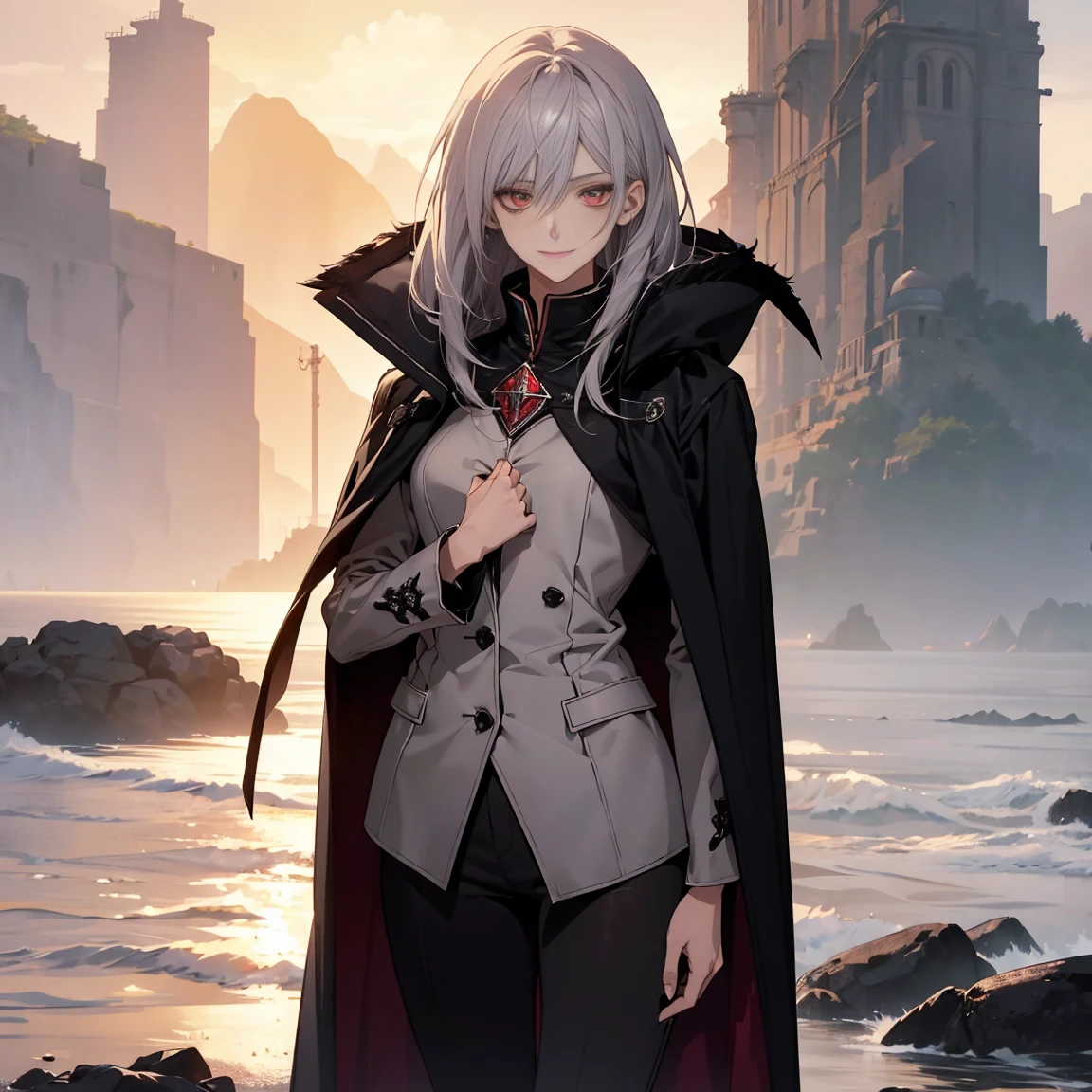 (Confused, High resolution, Very detailed), 1 female, Silver Hair,Shortcuts,Crimson Eyes,uniform,24th generation,beauty,mature,thin,quiet,Calm,A small smile,A kind smile,In front of people you like,Cape coat,Slender and thin,boots,skinny pants,Sea at dawn,Small breasts,