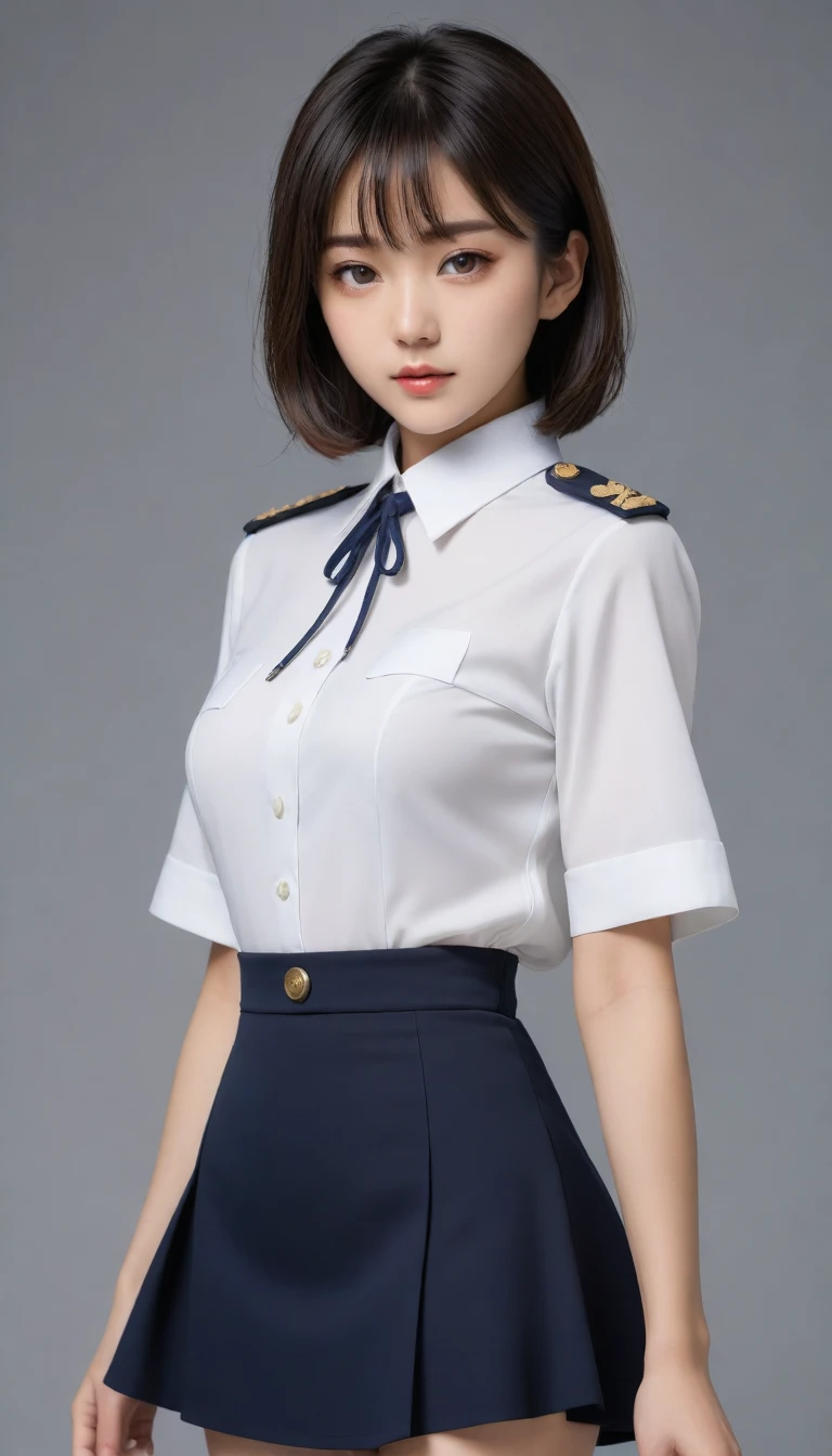 8k, Ultra-high resolution, Highest quality, masterpiece, 三分割法によるphotograph,Surreal, photograph, 1 Girl, (:1.3), pretty girl, Cute Face, Beautiful eyes in every detail, 細かくdetailedに,masterpiece,One Girl:1.2,Japanese female officer,Superior non-commissioned officer,full body,Serious expression,Black short hair,Bob with bangs, (The finest ceremonial attire:1.3),Pencil Skirt,Military clothing,Sharp contours,Looking down,Gray background, Light from above, Low contrast, (Side view),Perfect and beautiful face ,完璧でCute Face, Skin with attention to detail, Perfect limbs、Narrow waist,Looking at the audience,(((Ideal body type))),A cup small breasts :2,Portraiture:2,Perfect Anatomy,鮮明なdetailed,detailed,Surreal,Light and shadow,glowing