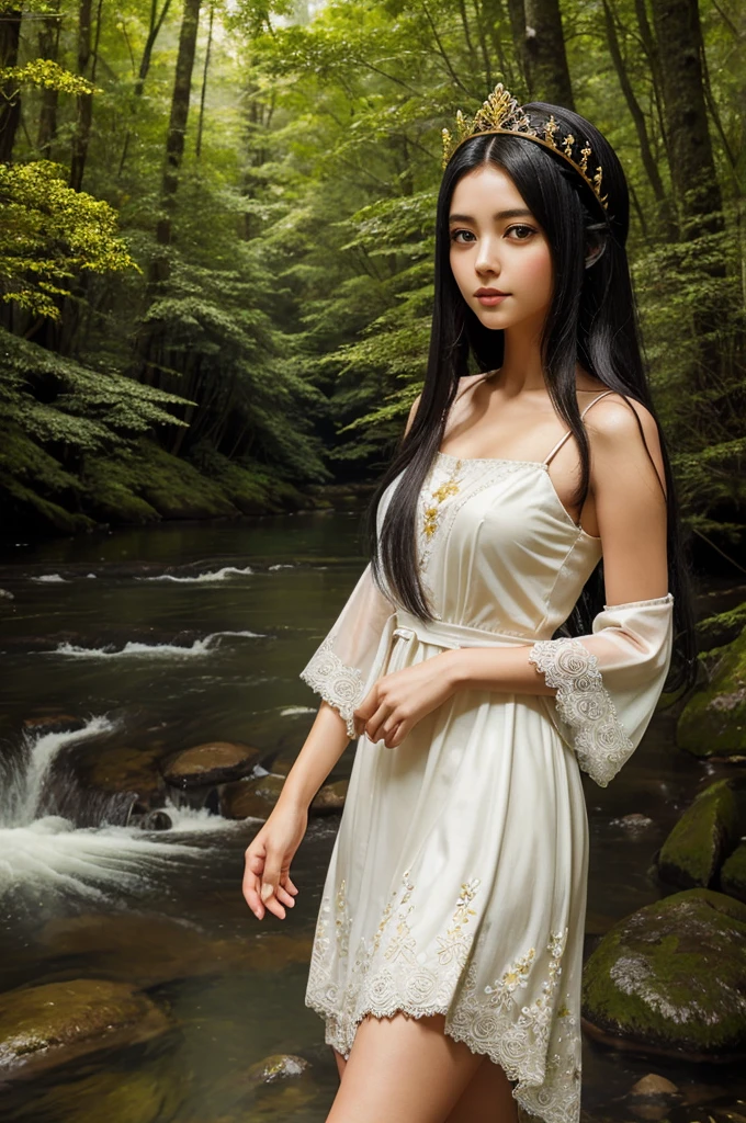 Prompt: "A high-quality digital artwork of a cute anime-style girl with large expressive eyes. She has long, straight black hair adorned with small flowers and wears a white, intricately designed dress. She stands in a serene forest setting near a calm river. A golden crown rests on her head, adding a touch of elegance to her appearance. The background features tall trees and natural scenery, giving the image a whimsical and enchanting atmosphere."