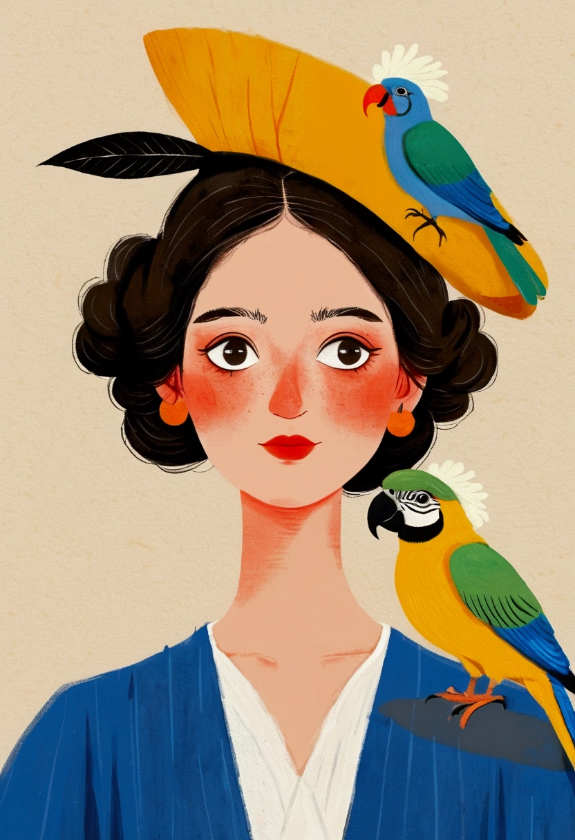 there is a drawing of a woman with a bird on her head, there are birds on her head, parrot on head, inspired by Will Barnet, procreate illustration, solo portrait 🎨🖌️, inspired by Johannes Vermeer, bird poo on head, illustration!, inspired by Alex Katz, digital illustration, character with a hat, by Jeka Kemp, inspired by Vermeer