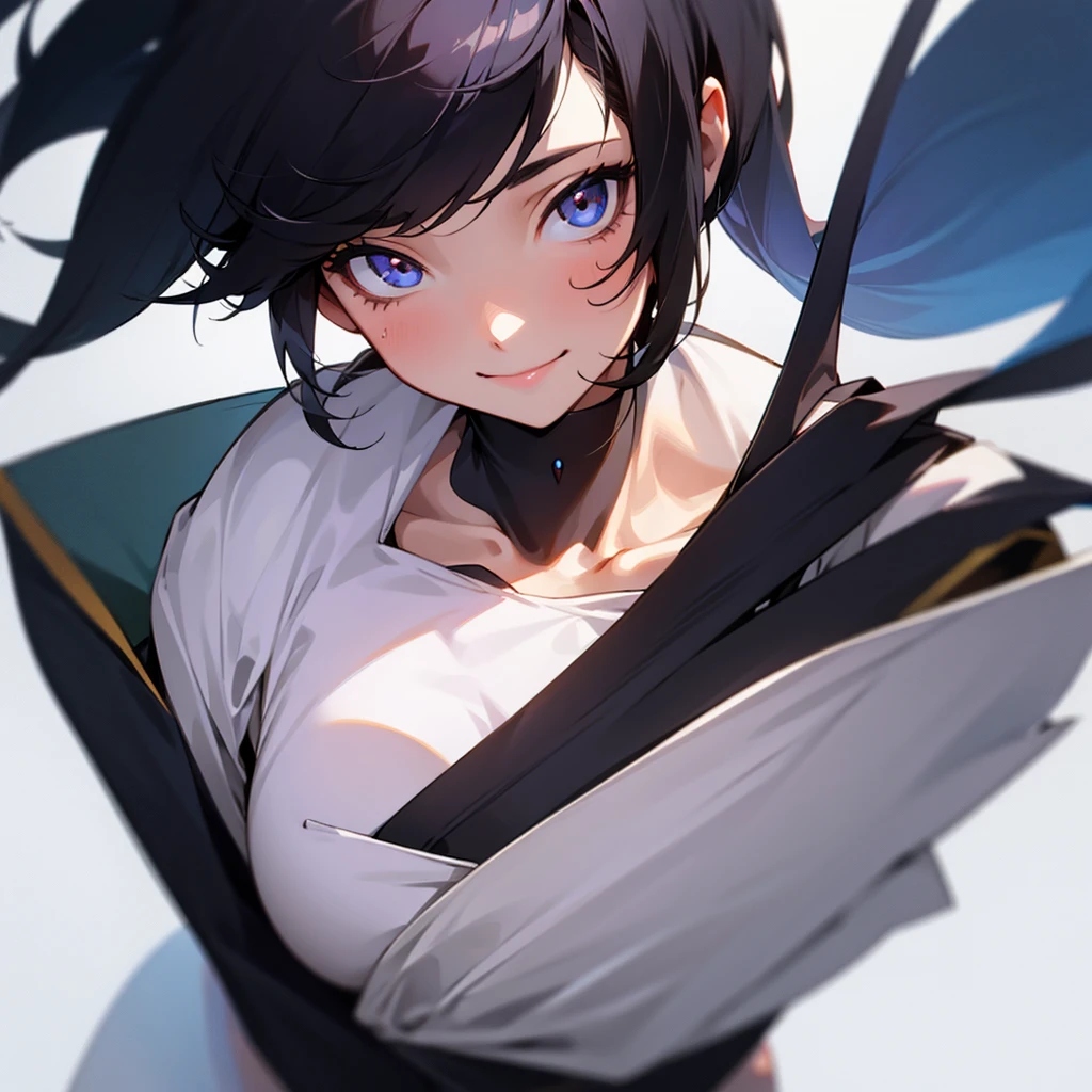 One girl,chest, Shortcuts, Black Hair, smile, Simple Background, Close-up, 