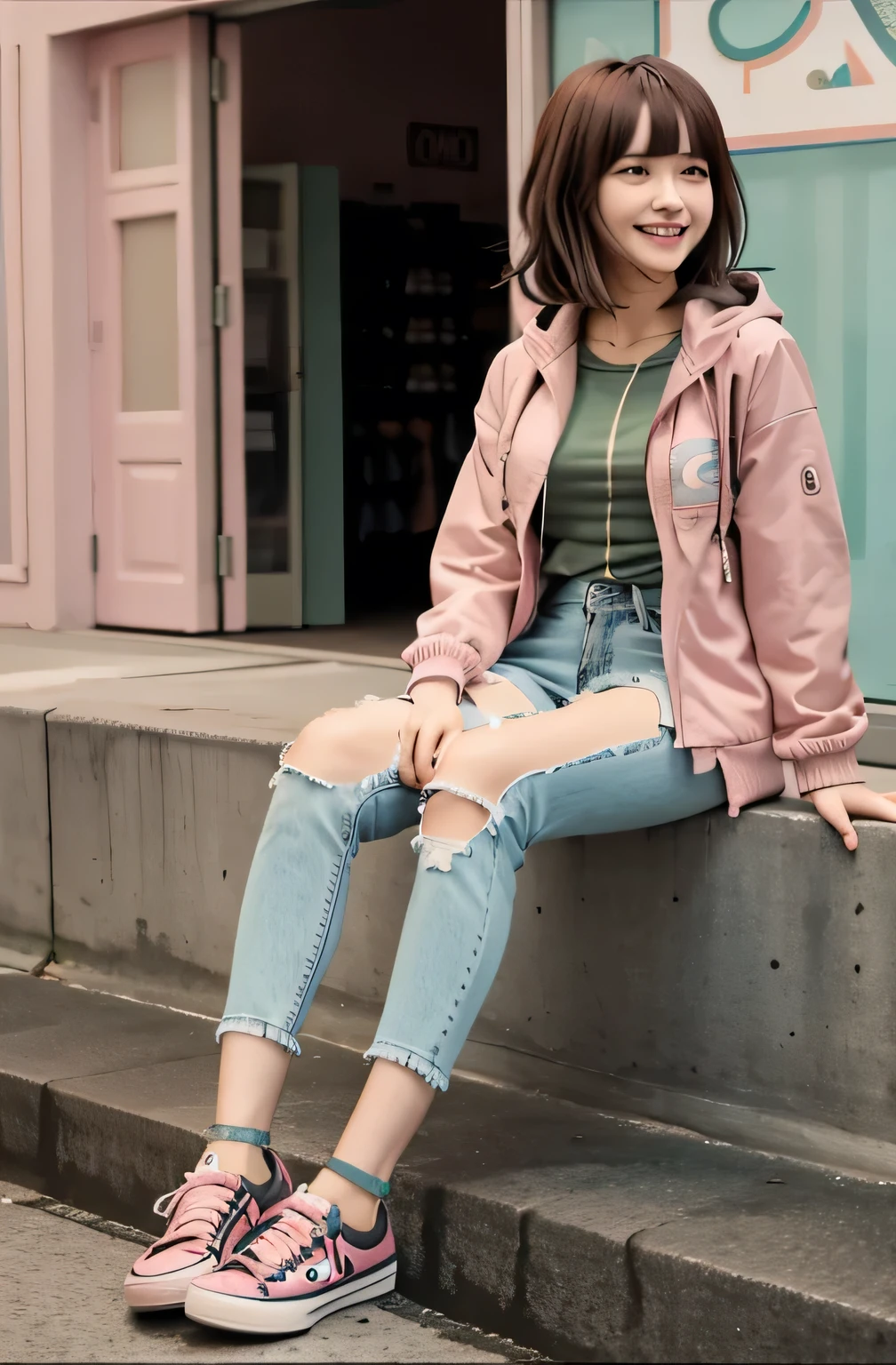 Chiaki Nanami in casual clothes at the shopping mall, Pink Short Hair, Pink Eyes, fringe, Teal hooded jacket, smile、Looking into the camera, 20-year-old girl, , Olive green blouse, Skinny jeans、sneakers、,chiaki nanami, Nanami Chiaki