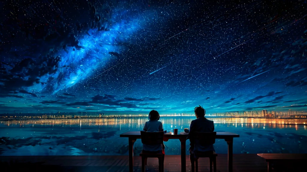 Scene of a cafeteria interior in the shape of a giant constellation in the sky。A couple sitting at a table、Admiring the beauty of the surrounding constellations、We talk about our dreams。