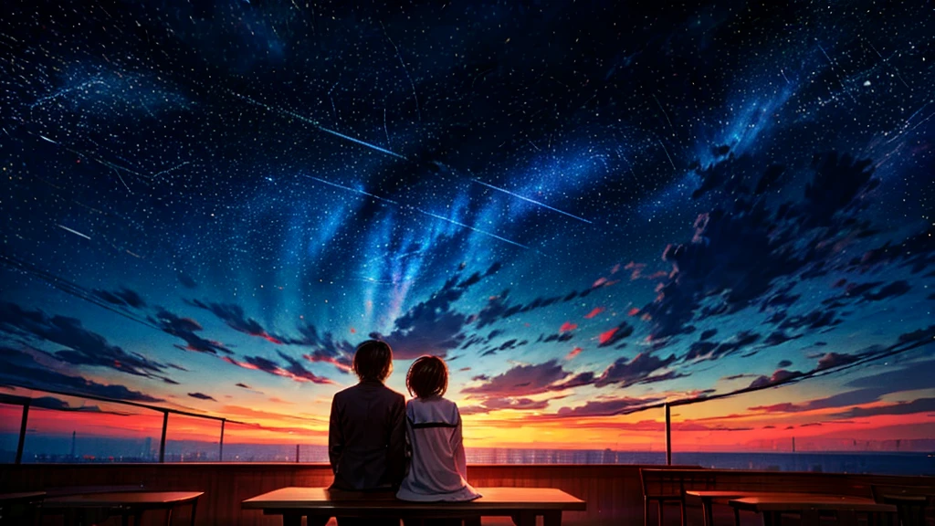 Scene of a cafeteria interior in the shape of a giant constellation in the sky。A couple sitting at a table、Admiring the beauty of the surrounding constellations、We talk about our dreams。