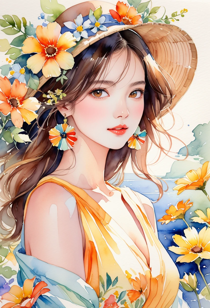 A very detailed watercolor painting, Has flowers that are reminiscent of summer, Depicting a beautiful woman