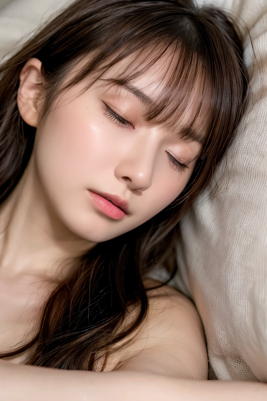 realistic figure, photogenic, short length light brown hair, hair is shaggy and dishevelled, beautiful white-colored translucent skin, a little sunburned, slendar figure, small breasts, no-makeup, sleeping at night, sleeping bad position, closed eyes, mouth is open, yawning, small nose, smooth shaped jawline, face and jaw pointing upwards, glossy face, flushed cheeks, alittle sweating, wearing black-colored pajamas, lying on own side on the bed, room without light on and dark, angle looking down from above