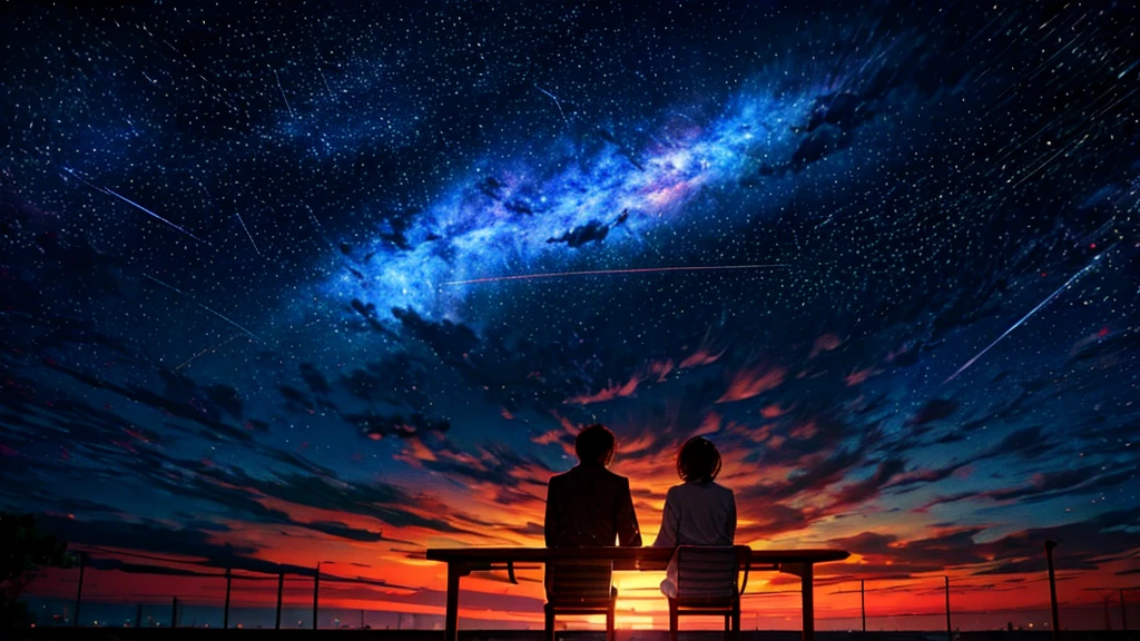 Scene of a cafeteria interior in the shape of a giant constellation in the sky。A couple sitting at a table、Admiring the beauty of the surrounding constellations、We talk about our dreams。