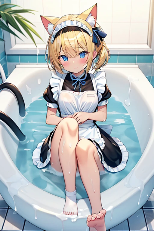 (Ultra high quality:1.6), (Highest quality:1.6), (Attention to detail:1.6), (Ultra-high resolution:1.6), (Detailed face:1.6), (Perfect Face:1,6), (Beautiful Eyes:1,6), (Detailed eyes:1.6), (Maid clothes, White apron, Headband, Black Dress, Blue ribbon, Maid clothes, Classic, Small breasts, Long:1.4), (白と黒のMaid clothes:1.6), (Blonde, Blue Eyes, Cat ear:1.5), cute, The best smile, Soaking wet, (Water droplets all over the body:1.4), (全身White foamまみれ:1.4), (Swimming in clothes, bathing, Bathroom, Longの浴槽:1.6), (relax, Relax in the bathtub:1.6), (Bubble bath:1.4, White foam:1.4), (Maid clothesのまま浴槽へ:1.4), 衣服にもWhite foam, (Immerse yourself in water from your toes to your chest:1.6), (Deep hot water:1.4), (Wash your body with your clothes on:1.4), shampoo, Body Soap,