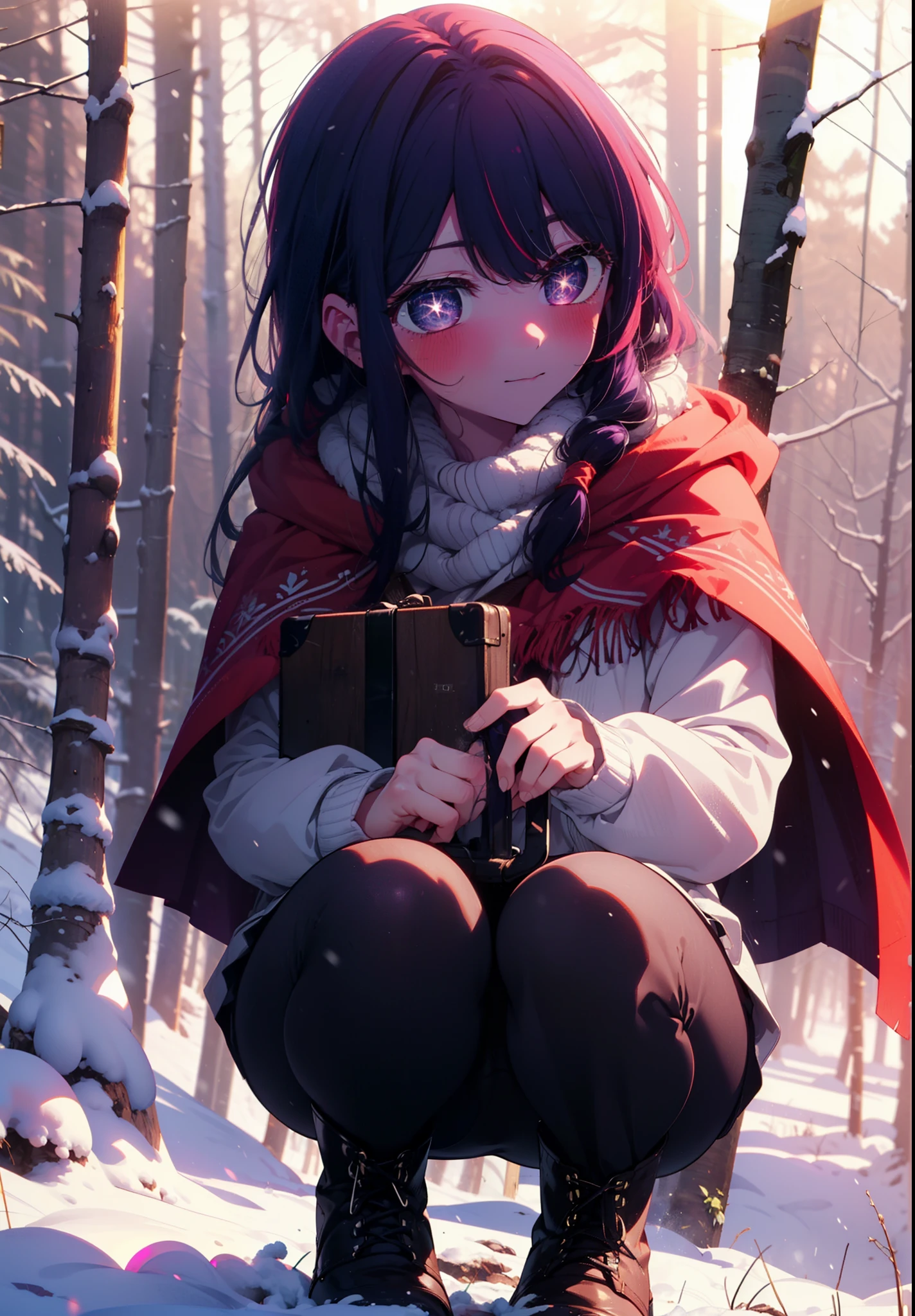 aihoshino, Ai Hoshino, Long Hair, bangs, (Purple eyes:1.1), Purple Hair, (Symbol-shaped pupil:1.5), smile,,smile,blush,white breath,
Open your mouth,snow,Ground bonfire, Outdoor, boots, snowing, From the side, wood, suitcase, Cape, Blurred, , forest, White handbag, nature,  Squat, Mouth closed, Cape, winter, Written boundary depth, Black shoes, red Cape break looking at viewer, Upper Body, whole body, break Outdoor, forest, nature, break (masterpiece:1.2), Highest quality, High resolution, unity 8k wallpaper, (shape:0.8), (Beautiful and beautiful eyes:1.6), Highly detailed face, Perfect lighting, Extremely detailed CG, (Perfect hands, Perfect Anatomy),