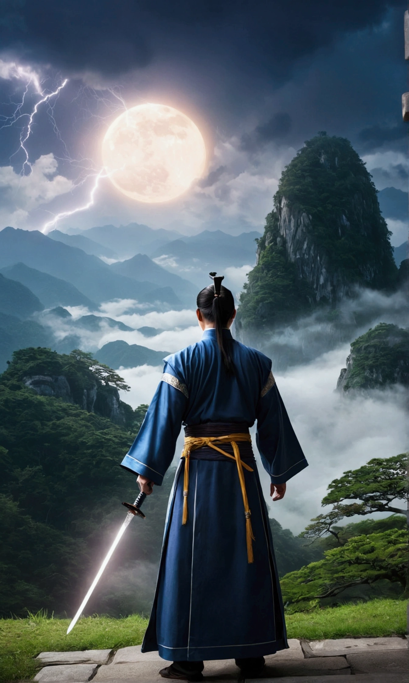 Ultra-high-definition picture quality，8K quality，A man，穿着中式Hanfu，手中拿着一把精致切闪耀着蓝光的Long Sword，There are cool lightning effects around the sword，There are mysterious runes on the sword。Man hanging in the mist、In the glorious and peaceful wonderland，with majestic mountains in the background，The sun shines through the clouds onto the sword，Looks mysterious and solemn，（Long Sword），（Hanfu），（Lightning Effects）