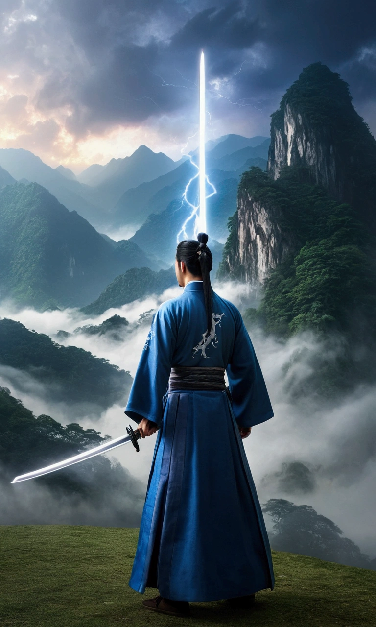 Ultra-high-definition picture quality,8K quality,A man,穿着中式Hanfu,手中拿着一把精致切闪耀着蓝光的Long Sword,There are cool lightning effects around the sword,There are mysterious runes on the sword。Man hanging in the mist、In the glorious and peaceful wonderland,with majestic mountains in the background,The sun shines through the clouds onto the sword,Looks mysterious and solemn,(Long Sword),(Hanfu),(Lightning Effects)