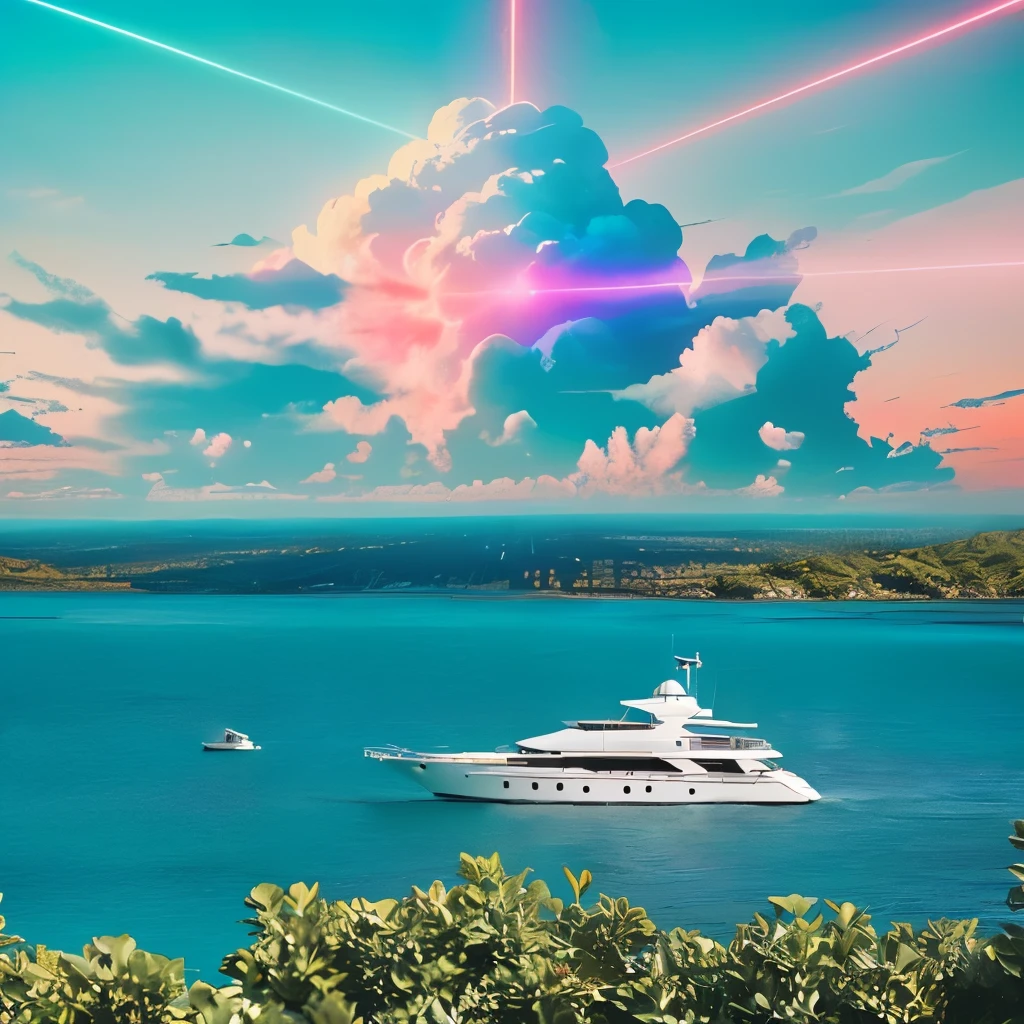 make the sky red with sunny clouds and laser neon lights around the clouds