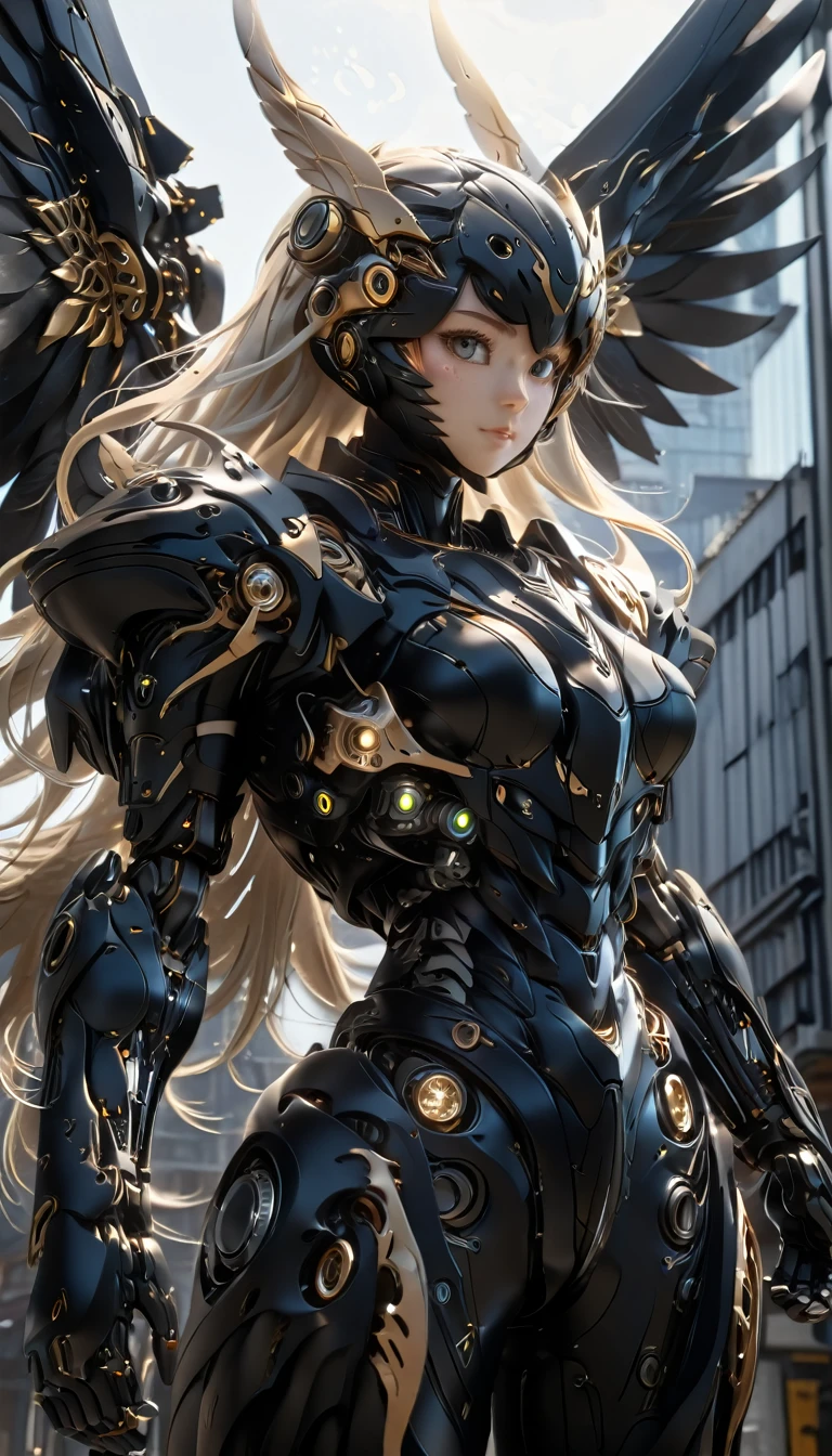 blonde hair, messy hair, very long hair, pov, atmospheric perspective, 8k, super detail, best quality, cinematic lighting, masterpiece, Mechanical body, black steel body parts, large wings growing from its back, detailed face, detailed eyes