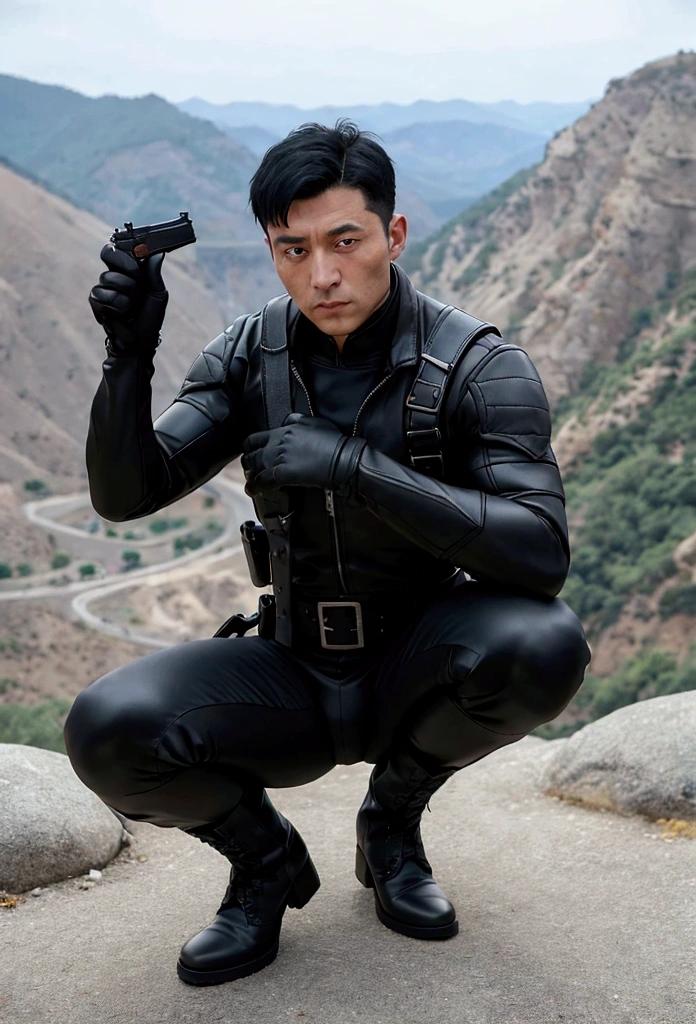 40 years old,One Man,、logic肉質、Black bodysuit、Black Shocker Belt、Cliff in the mountains、Combatant、Black leather gloves、Black boots、logic,Gay ,Black Hair、Very short hair。Squat with your legs wide apart、、The crotch area of the pants is bulging、Manly handsome man、Faces of the Turks、Hold a gun、Combat pose