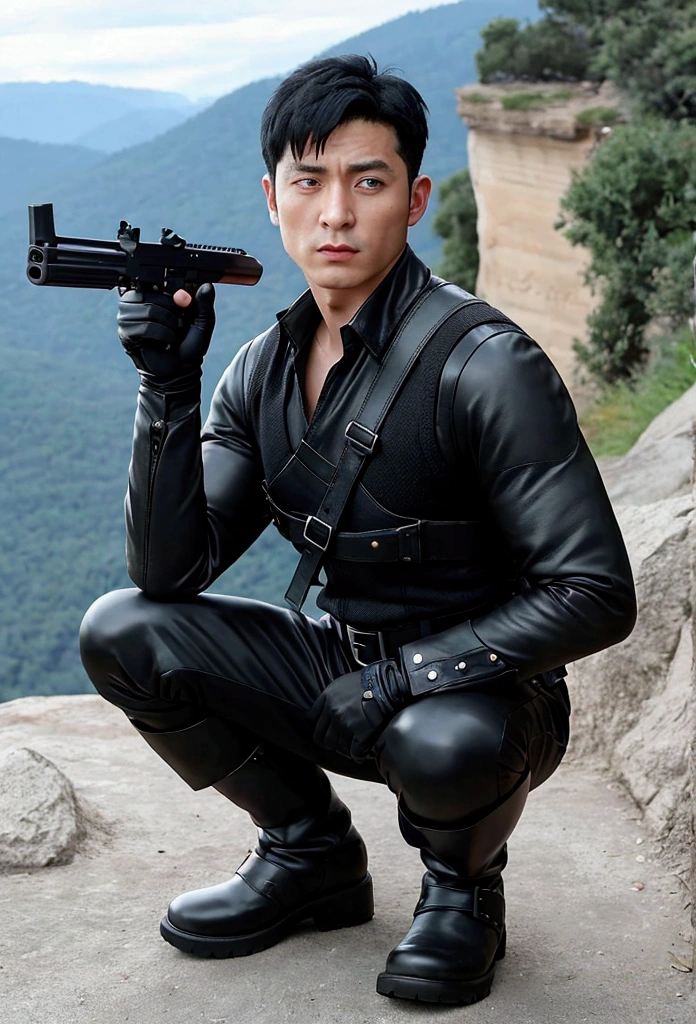 40 years old,One Man,、logic肉質、Black bodysuit、Black Shocker Belt、Cliff in the mountains、Combatant、Black leather gloves、Black boots、logic,Gay ,Black Hair、Very short hair。Squat with your legs wide apart、、The crotch area of the pants is bulging、Manly handsome man、Faces of the Turks、Hold a gun、Combat pose　