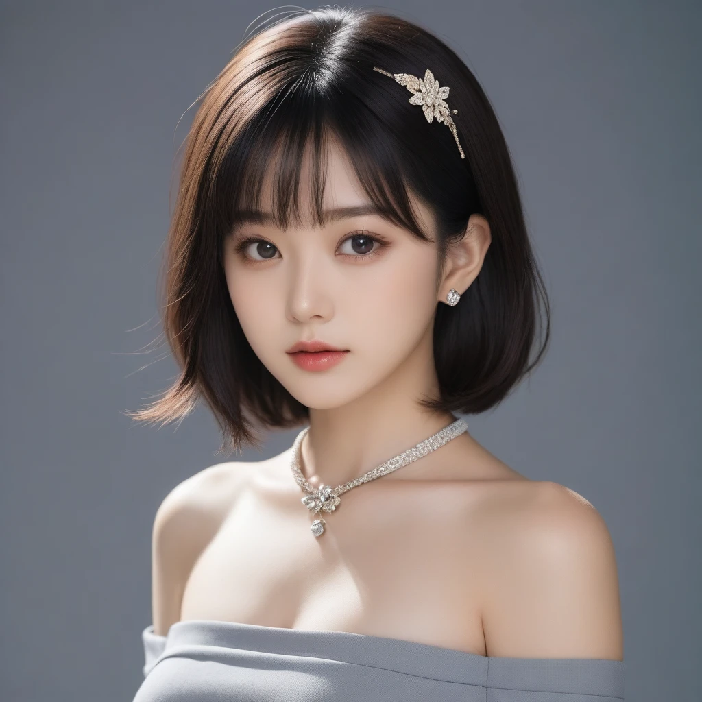 8k, Ultra-high resolution, Highest quality, masterpiece, 三分割法によるphotograph,Surreal, photograph, 1 Girl, (16 years old:1.3), pretty girl, Cute Face, Beautiful eyes in every detail, 細かくdetailedに,masterpiece,One Girl:1.2,Japanese female officer,Superior non-commissioned officer,extream close up,Serious expression,Black short hair,Bob with bangs, (The finest ceremonial attire:1.3),Pencil Skirt,Sharp contours,Looking down,Gray background, Light from above, Low contrast, (Side view),Perfect and beautiful face ,完璧でCute Face, Skin with attention to detail, Perfect limbs、Narrow waist,Looking at the audience,(((Ideal body type))),A cup small breasts :2,Portraiture:2,Perfect Anatomy,鮮明なdetailed,detailed,Surreal,Light and shadow,glowing