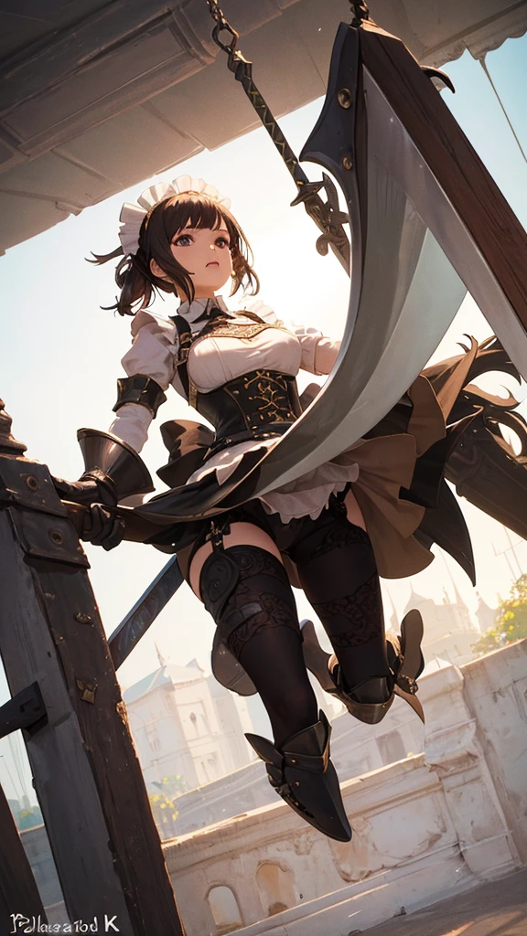 (masterpiece, 4K ,Super detailed:1.2), (anime:1), (Perfect quality), (Cold-hearted), (((Adult body))), ((Swinging a big sword, Combat Ready)), The whole body is shown, View Viewer, Maid in Armor, Female Knight, black suspender stockings, Combat Ready