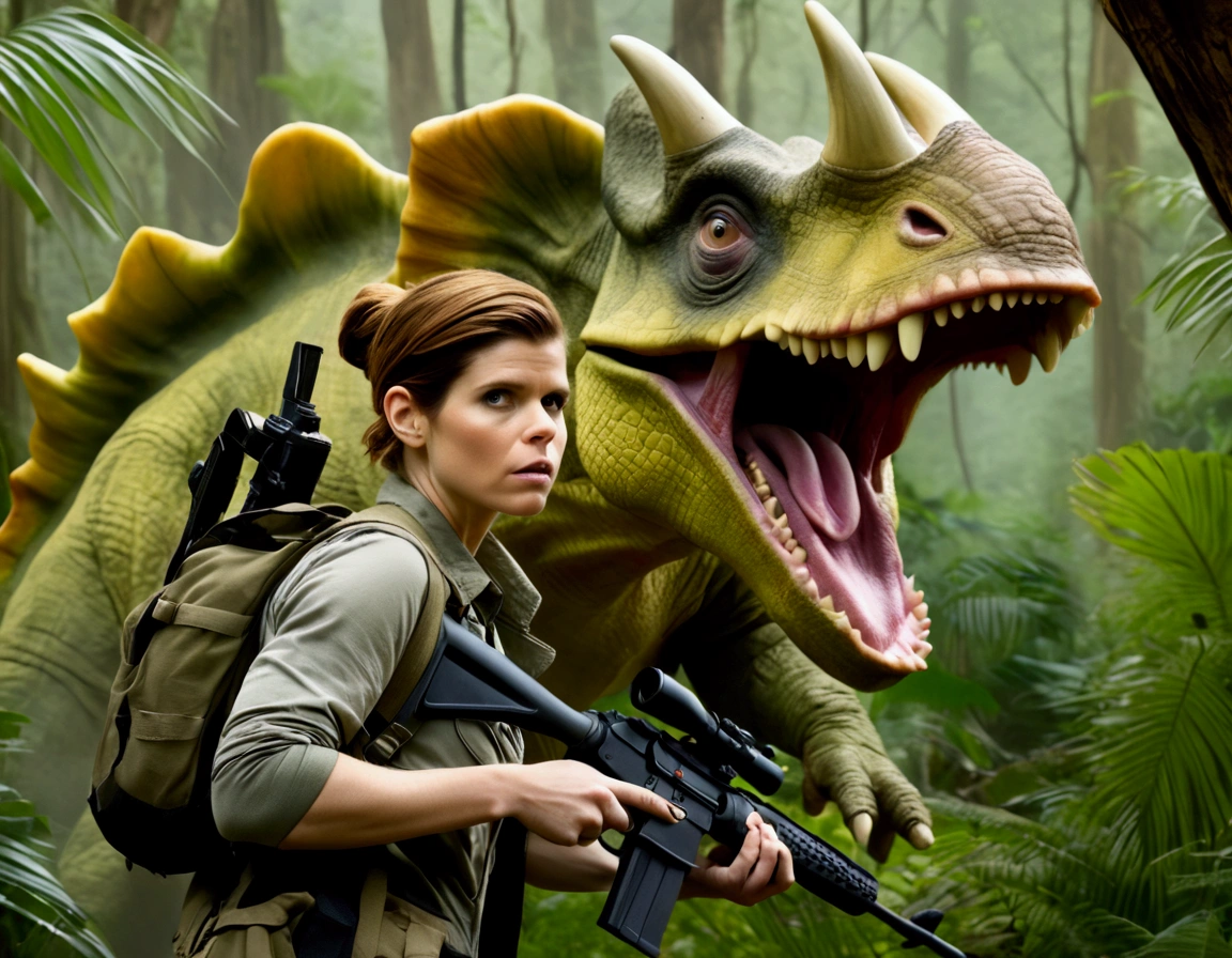 Kate Mara, age 25, rifle in hand, dressed in jungle adventure gear, is stalking a wild Donut triceratops in the forest