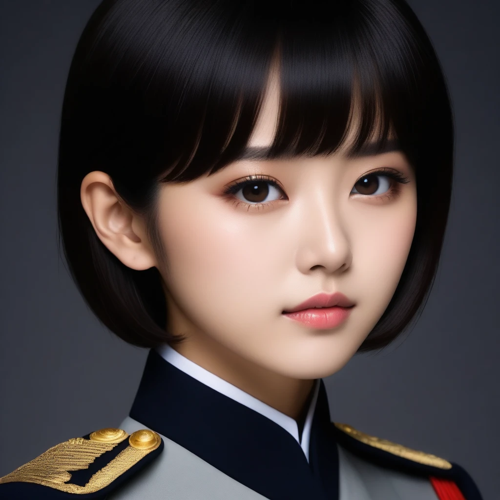 8k, Ultra-high resolution, Highest quality, masterpiece, 三分割法によるphotograph,Surreal, photograph, 1 Girl, (:1.3), pretty girl, Cute Face, Beautiful eyes in every detail, 細かくdetailedに,masterpiece,One Girl:1.2,Japanese female officer,Superior non-commissioned officer,extream close up,Serious expression,Black short hair,Bob with bangs, (The finest ceremonial attire:1.3),Pencil Skirt,Sharp contours,Looking down,Gray background, Light from above, Low contrast, (Side view),Perfect and beautiful face ,完璧でCute Face, Skin with attention to detail, Perfect limbs、Narrow waist,Looking at the audience,(((Ideal body type))),A cup small breasts :2,Portraiture:2,Perfect Anatomy,鮮明なdetailed,detailed,Surreal,Light and shadow,glowing