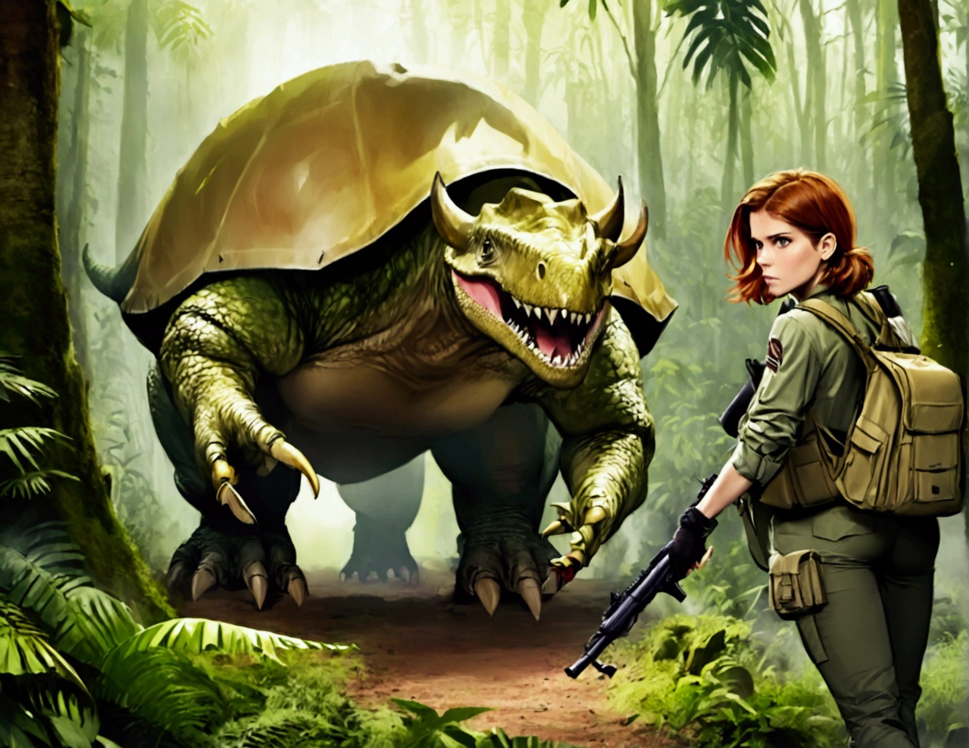 Kate Mara, age 25, rifle in hand, dressed in jungle adventure gear, is stalking a wild Donut triceratops in the forest