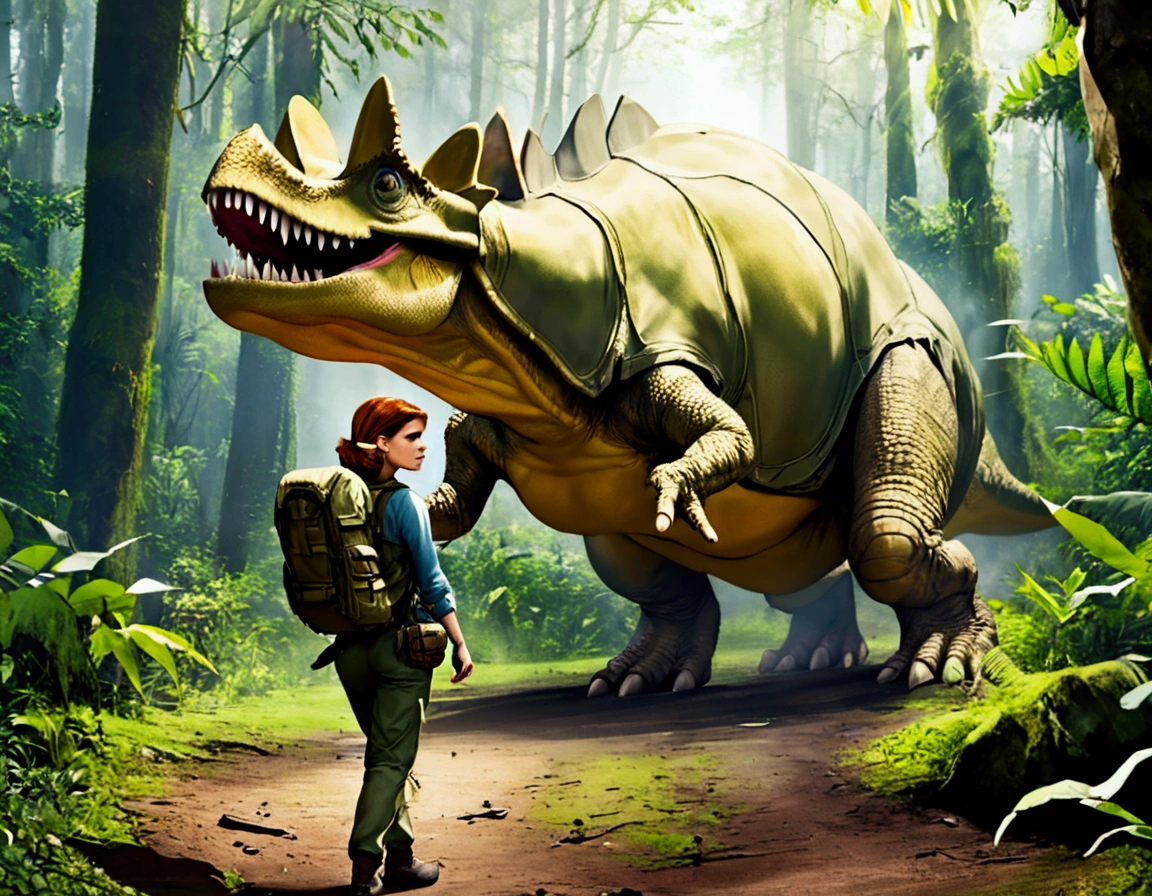 Kate Mara, age 25, rifle in hand, dressed in jungle adventure gear, is stalking a wild Donut triceratops in the forest
