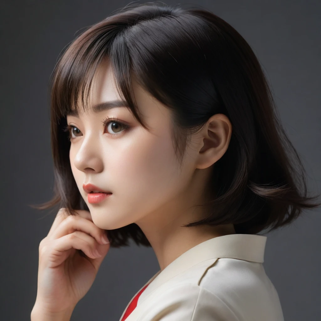 8k, Ultra-high resolution, Highest quality, masterpiece, 三分割法によるphotograph,Surreal, photograph, 1 Girl, (16 years old:1.3), pretty girl, Cute Face, Beautiful eyes in every detail, 細かくdetailedに,masterpiece,One Girl:1.2,Japanese female officer,Superior non-commissioned officer,extream close up,Serious expression,Black short hair,Bob with bangs, (The finest ceremonial attire:1.3),Pencil Skirt,Sharp contours,Looking down,Gray background, Light from above, Low contrast, (Side view),Perfect and beautiful face ,完璧でCute Face, Skin with attention to detail, Perfect limbs、Narrow waist,Looking at the audience,(((Ideal body type))),A cup small breasts :2,Portraiture:2,Perfect Anatomy,鮮明なdetailed,detailed,Surreal,Light and shadow,glowing