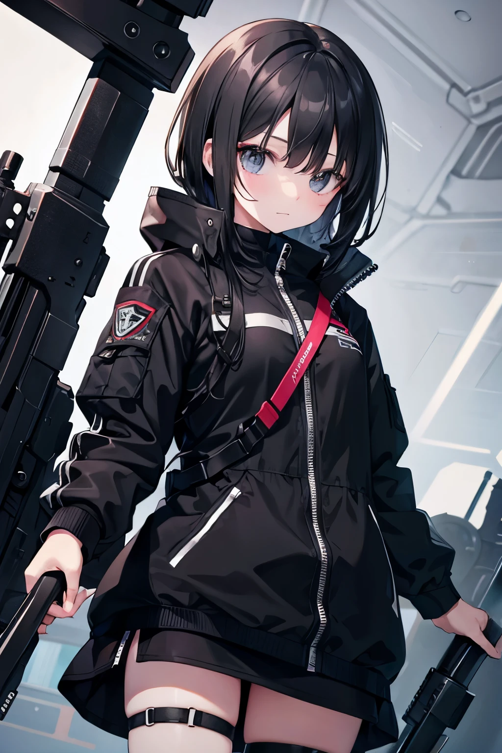 tech wear, girl, black hair, black eyes armory